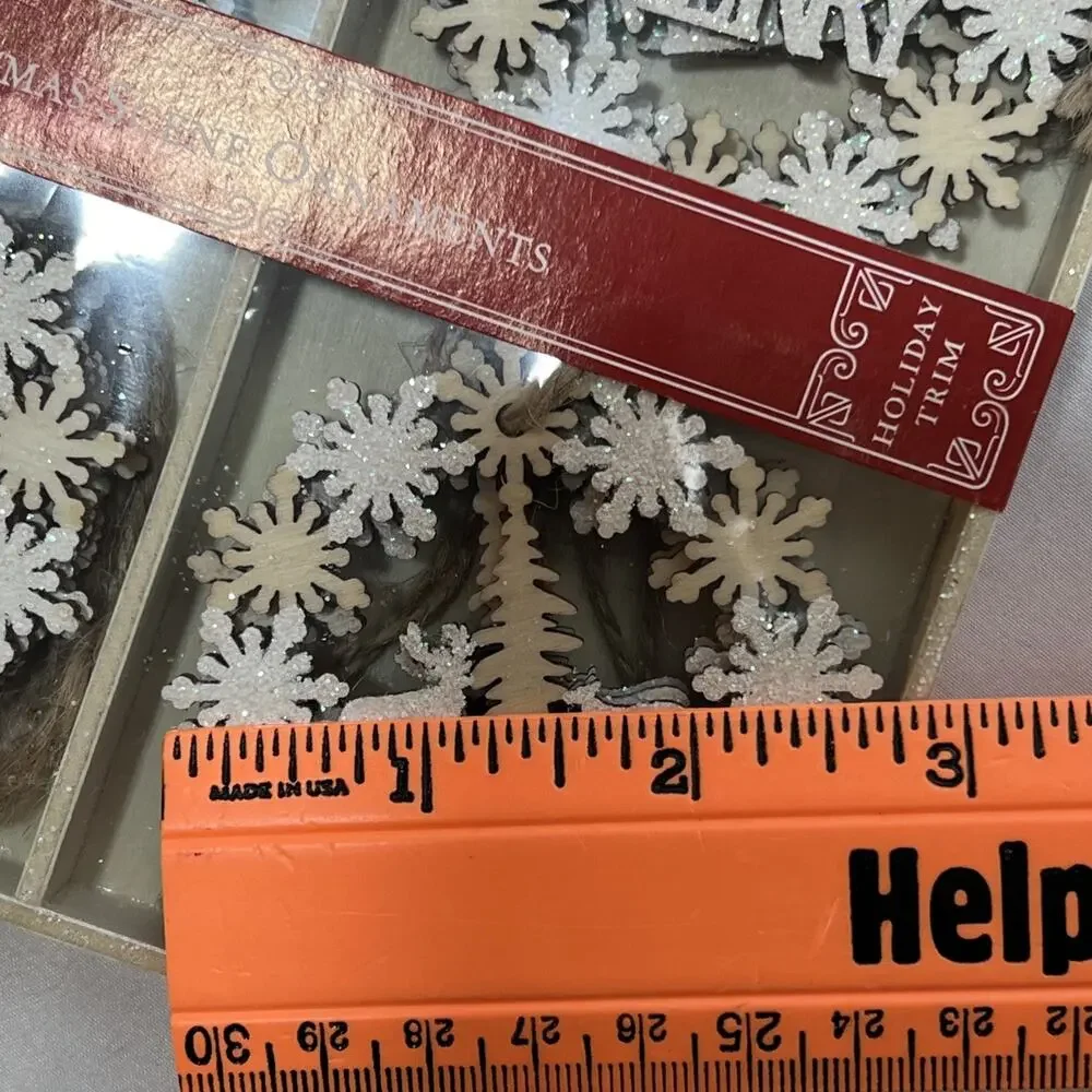 World Market Wood Christmas Scene Ornaments Set of 12 White Glitter Peace Merry